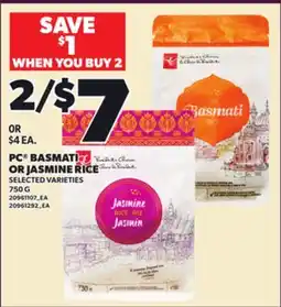 Loblaws PC BASMATI OR JASMINE RICE, 750G offer