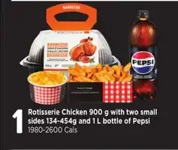 Loblaws ROTISSERIE CHICKEN, 900 G WITH TWO SMALL SIDES, 134-454G AND 1 L BOTTLE OF PEPSI offer