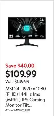 Walmart MSI 24 1920 x 1080 (FHD) 144Hz 1ms (MPRT) IPS Gaming Monitor Tilt adjustable (G242L E14) offer