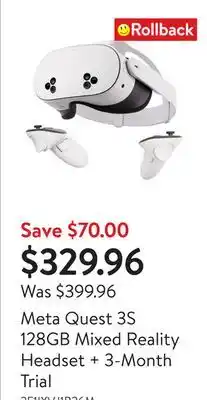 Walmart Meta Quest 3S 128GB Mixed Reality Headset + 3-Month Trial offer