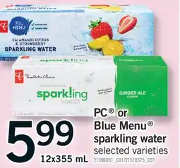 Fortinos PC BLUE MENU SPARKLING WATER, 12x355 mL offer