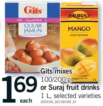 Fortinos GITS MIXES, 100/200 G OR SURAJ FRUIT DRINKS, 1 L offer