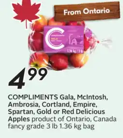 Sobeys COMPLIMENTS Gala, McIntosh, Ambrosia, Cortland, Empire, Spartan, Gold or Red Delicious Apples offer