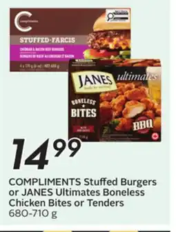Sobeys COMPLIMENTS Stuffed Burgers or JANES Ultimates Boneless Chicken Bites or Tenders offer