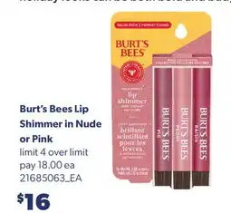 Real Canadian Superstore BURT'S BEES LIP SHIMMER IN NUDE OR PINK offer