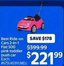 Walmart Best Ride-on SAVE $178 Cars 2-in-1 Fiat 500 pink toddler push car offer