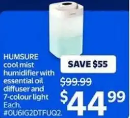 Walmart HUMSURE cool mist humidifier with essential oil diffuser and 7-colour light offer