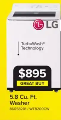 Leon's LG White Mega Capacity Smart Top Load Washer with AI Sensing (5.8 Cu. Ft) - WT8200CW offer