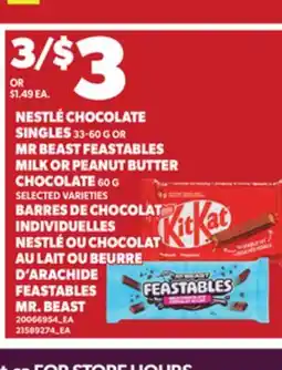 Independent City Market NESTLÉ CHOCOLATE SINGLES, 33-60 G OR MR BEAST FEASTABLES MILK OR PEANUT BUTTER CHOCOLATE, 60 G offer
