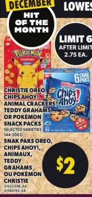 Independent City Market CHRISTIE OREO CHIPS AHOY! ANIMAL CRACKERS! TEDDY GRAHAMS OR POKÉMON SNACK PACKS, 144-200 G offer