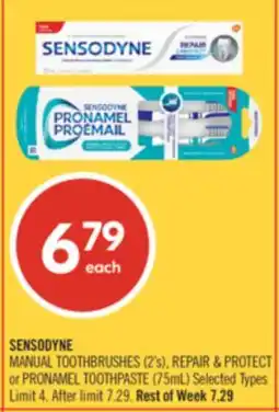 Shoppers Drug Mart SENSODYNE MANUAL TOOTHBRUSHES (2), REPAIR & PROTECT or PRONAMEL TOOTHPASTE offer