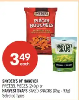 Shoppers Drug Mart SNYDER'S OF HANOVER PRETZEL PIECES (240g) or HARVEST SNAPS BAKED SNACKS (85g - 93g) offer