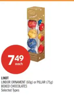 Shoppers Drug Mart LINDT LINDOR ORNAMENT (60g) or PILLAR (75g) BOXED CHOCOLATES offer