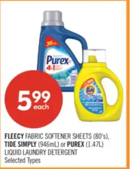 Shoppers Drug Mart FLEECY FABRIC SOFTENER SHEETS (80's), TIDE SIMPLY (946mL) or PUREX (1.47L) LIQUID LAUNDRY DETERGENT offer