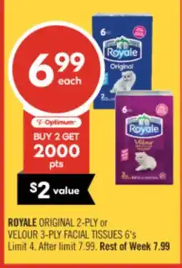 Shoppers Drug Mart ROYALE ORIGINAL 2-PLY or VELOUR 3-PLY FACIAL TISSUES 6's offer