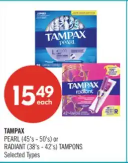 Shoppers Drug Mart TAMPAX PEARL (45's - 50's) or RADIANT (38's - 42's) TAMPONS offer
