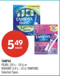 Shoppers Drug Mart TAMPAX PEARL (26's - 18's) or RADIANT (14's - 16's) TAMPONS offer