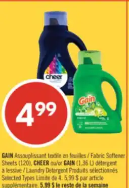 Pharmaprix GAIN Fabric Softener Sheets (120), CHEER or GAIN (1,36 L) Laundry Detergent offer