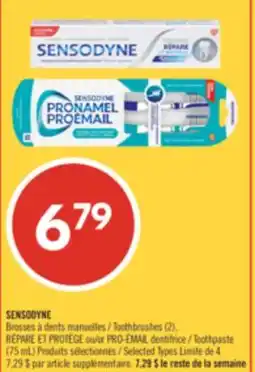 Pharmaprix SENSODYNE Toothbrushes (2), RÉPARE ET PROTÈGE or PRO-ÉMAIL Toothpaste (75 mL) offer