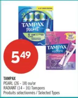 Pharmaprix TAMPAX PEARL (26 - 18) or RADIANT (14 - 16) Tampons offer