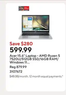 Staples Acer 15.6 Laptop - AMD Ryzen 5 7520U/512GB SSD/16GB RAM/Windows 11 Home offer