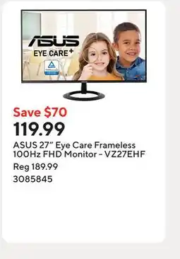 Staples ASUS 27 Eye Care Frameless 100Hz FHD Monitor - VZ27EHF offer