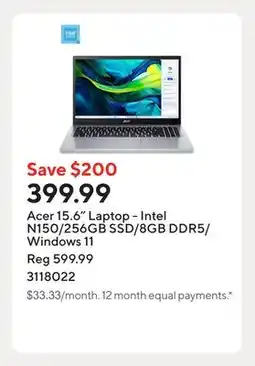Staples Acer 15.6 Laptop - Intel N150/256GB SSD/8GB DDR5/Windows 11 offer