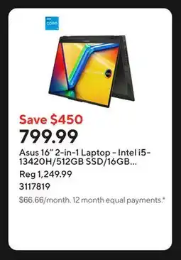 Staples Asus 16 2-in-1 Laptop - Intel i5-13420H/512GB SSD/16GB RAM/Touchscreen/Windows 11 Home offer