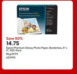 Staples Epson Premium Glossy Photo Paper, Borderless, 4 x 6, 100-Pack offer