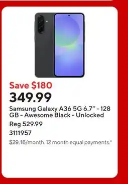 Staples Samsung Galaxy A36 5G 6.7 - 128 GB - Awesome Black - Unlocked offer