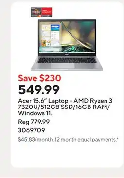 Staples Acer 15.6 Laptop - AMD Ryzen 3 7320U/512GB SSD/16GB RAM/Windows 11 offer