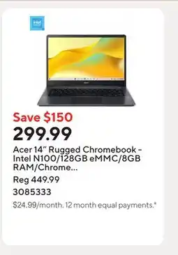 Staples Acer 14 Rugged Chromebook - Intel N100/128GB eMMC/8GB RAM/Chrome OS with 3 months of Google AI Pro offer
