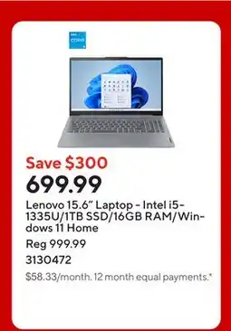 Staples Lenovo 15.6 Laptop - Intel i5-1335U/1TB SSD/16GB RAM/Windows 11 Home offer