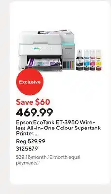 Staples Epson EcoTank ET-3950 Wireless All-in-One Colour Supertank Printer ñ White offer