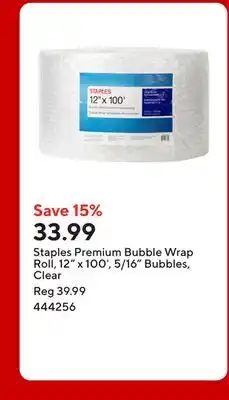 Staples Staples Premium Bubble Wrap Roll, 12 x 100', 5/16 Bubbles, Clear offer