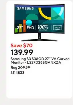 Staples Samsung S3 S36GD 27 VA Curved Monitor - LS27D368GANXZA offer