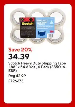 Staples Scotch Heavy Duty Shipping Tape 1.88 x 54.6 Yds., 6 Pack (3850-6-ESF) offer