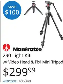 Vistek MANFROTTO 290 Light Kit w/Video Head & Pixi Mini Tripod offer