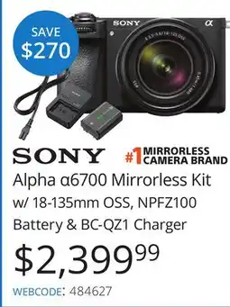 Vistek SONY Alpha a6700 Mirrorless Kit w/ 18-135mm OSS, NPFZ100 Battery & BC-QZ1 Charger offer