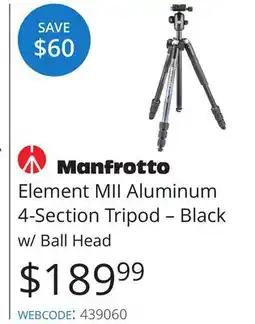 Vistek Manfrotto Element MII Aluminum 4-Section Tripod-Black w/Ball Head offer