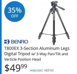 Vistek BENRO T800EX 3-Section Aluminum Legs Digital Tripod w/ 3-Way Pan/Tilt and Verticle Position Head offer