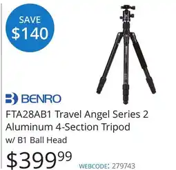 Vistek Benro FTA28AB1 Travel Angel Series 2 Aluminum 4-Section Tripod w/ B1 Ball Head offer