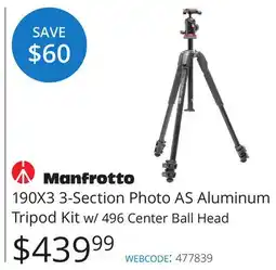Vistek Manfrotto 190X3 3-Section Photo AS Aluminum Tripod Kit w/ 496 Center Ball Head offer