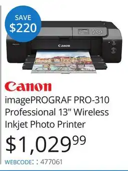 Vistek Canon imagePROGRAF PRO-310 Professional 13 Wireless Inkjet Photo Printer offer