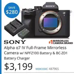 Vistek Sony Alpha α7 IV Full-Frame Mirrorless Camera w/Battery & BC-ZD1 Battery offer