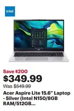 Best Buy Acer Aspire Lite 15.6 Laptop - Silver (Intel N150/8GB RAM/512GB SSD/Windows 11) offer