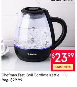 Kitchen Stuff Plus Chefman Fast-Boil Cordless Kettle-1 L offer