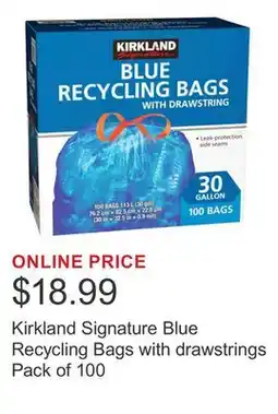 Costco Kirkland Signature Blue Recycling Bags with drawstrings Pack of 100 offer