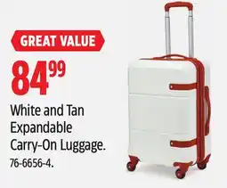 Canadian Tire OUTBOUND White and Tan Expandable Carry-On Luggage offer