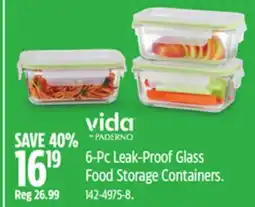 Canadian Tire VIDA BY PADERNO 6-Pc Leak-Proof Glass Food Storage Containers offer